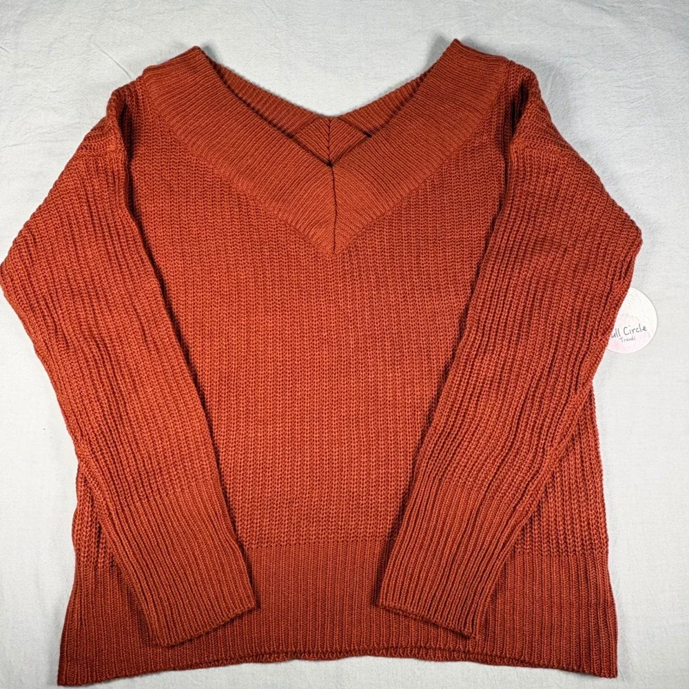 Full Circle Trends Rust Orange V-Neck Chunky Knit Sweater NWT Medium J4B0103S